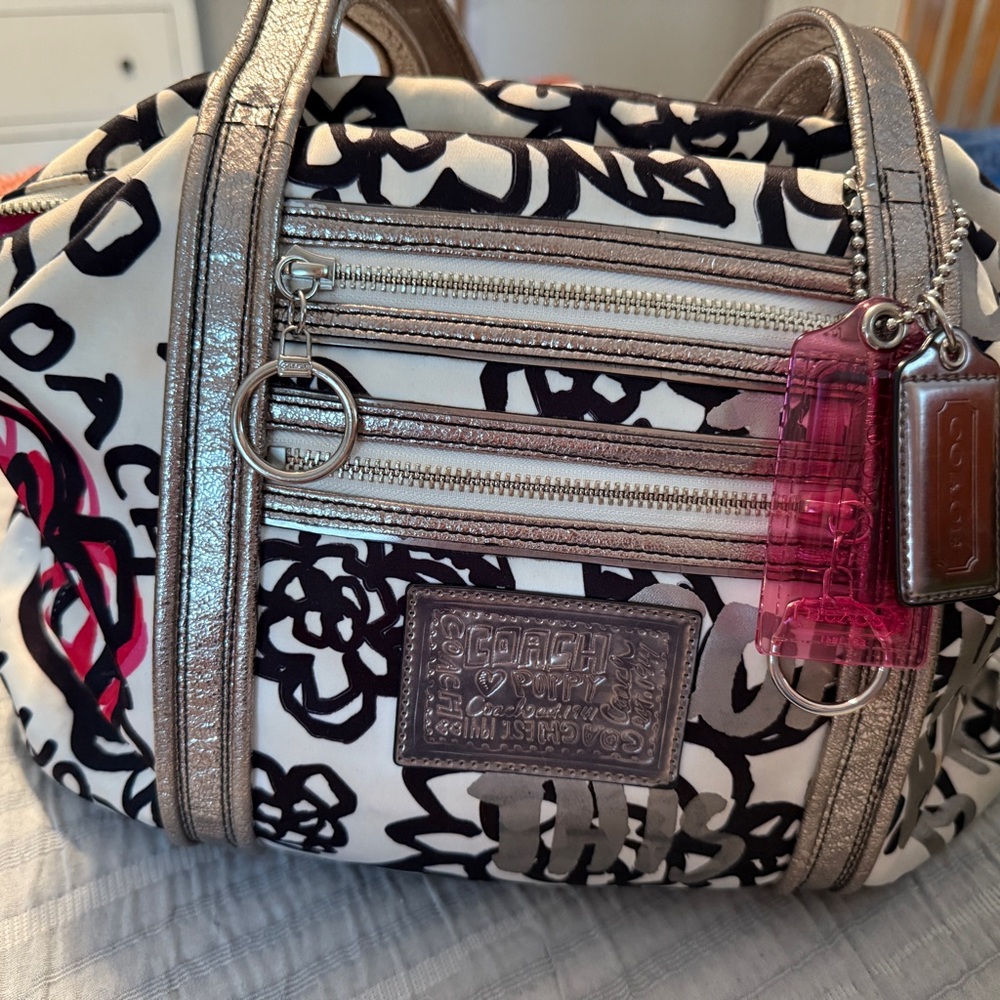 Coach Women's Bag with Black and Silver Floral Design